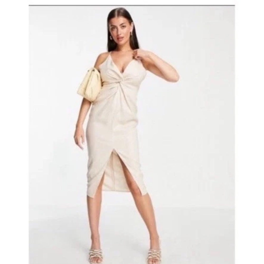 ASOS DESIGN Linen Blend Spaghetti Strap Midi Dress In Stone-Neutral - Women US 6